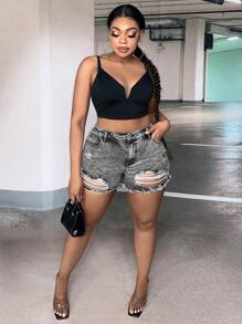 SHEIN SXY Plus Ripped Raw Hem Denim Shorts - Grey - View 5