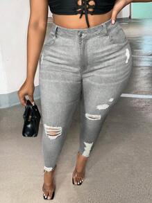 SHEIN SXY 大碼高腰破洞緊身牛仔褲 - 灰色 - 查看 1