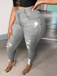 SHEIN SXY 大碼高腰破洞緊身牛仔褲 - 灰色 - 查看 3