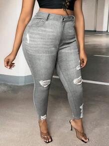 SHEIN SXY 大碼高腰破洞緊身牛仔褲 - 灰色 - 查看 5