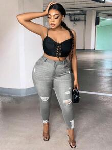 SHEIN SXY 大碼高腰破洞緊身牛仔褲 - 灰色 - 查看 6