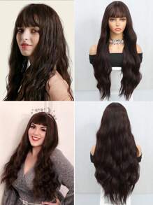 Peluca marrón color largo suelto ondulado sintético pelo con con fleco - Dark Brown - Ver 1