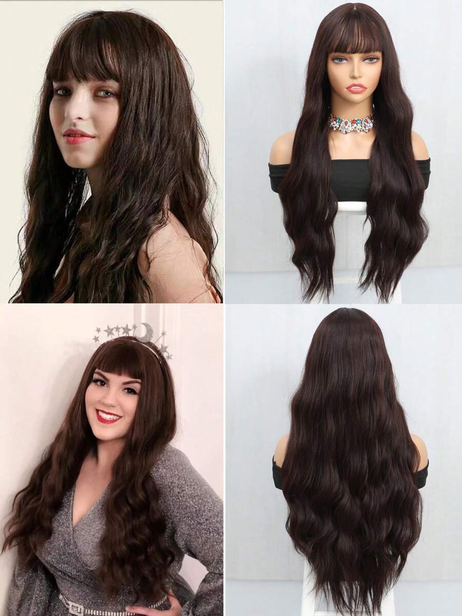 Peluca marrón color largo suelto ondulado sintético pelo con con fleco - Dark Brown - Ver 1
