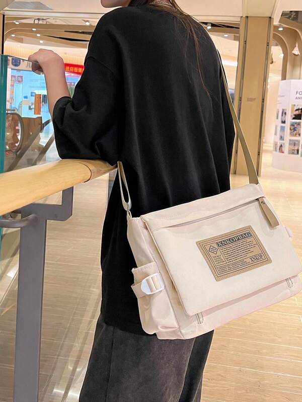 スローガン パッチ インテリア メッセンジャー バッグ ジッパー フラップ キャンバス SHEIN JAPAN