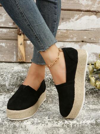 女性一腳蹬草編鞋底厚底度假戶外仿麂皮厚底淺口坡跟鞋