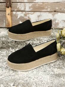 女性一腳蹬草編鞋底厚底度假戶外仿麂皮厚底淺口坡跟鞋