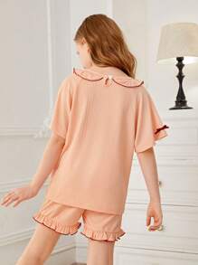 Chicas Conjunto de pijama shorts con camiseta ribete con fruncido - Naranja Coral - Ver 2