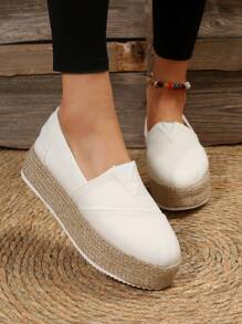 女性一腳蹬草編鞋底厚底度假戶外厚底淺口坡跟鞋 - 白色 - 查看 2