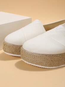女性一腳蹬草編鞋底厚底度假戶外厚底淺口坡跟鞋 - 白色 - 查看 3