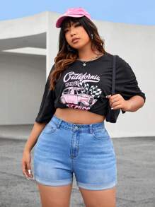 SHEIN EZwear Quần short denim oversized Nút Túi Dây kéo màu trơn - Rửa nhẹ - Xem 1