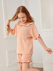 Chicas Conjunto de pijama shorts con camiseta ribete con fruncido - Naranja Coral - Ver 4