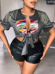 SHEIN SXY 大碼汽車和字母圖案前繫帶短款T恤 - 深灰色 - 查看 1