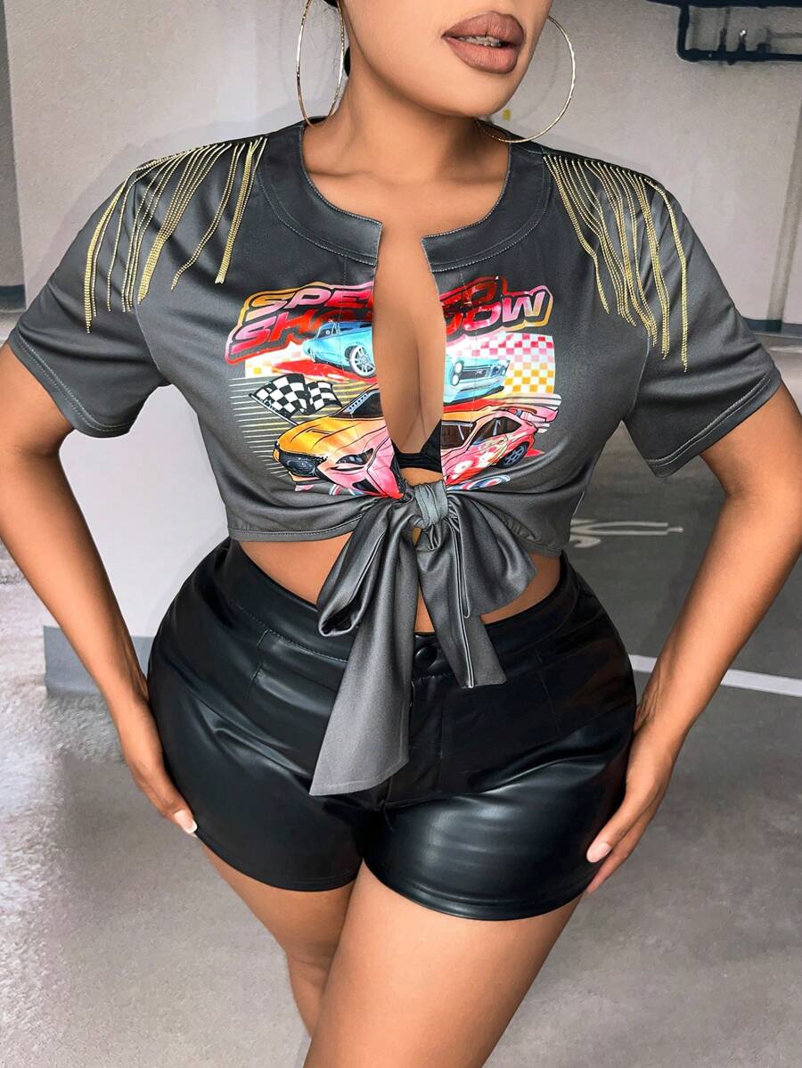 SHEIN SXY 大碼汽車和字母圖案前繫帶短款T恤 - 深灰色 - 查看 1