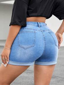 SHEIN EZwear Quần short denim oversized Nút Túi Dây kéo màu trơn - Rửa nhẹ - Xem 2