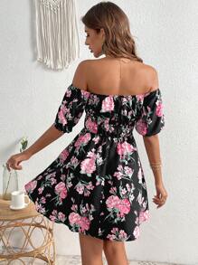 SHEIN VCAY 印花一字肩連衣裙 - 彩色 - 查看 2