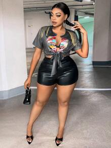 SHEIN SXY 大碼汽車和字母圖案前繫帶短款T恤 - 深灰色 - 查看 3