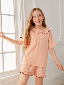 Chicas Conjunto de pijama shorts con camiseta ribete con fruncido - Naranja Coral - Ver 6
