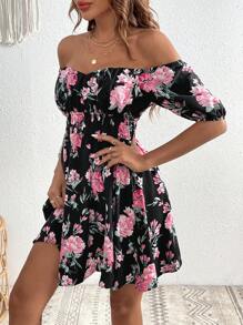 SHEIN VCAY 印花一字肩連衣裙 - 彩色 - 查看 3