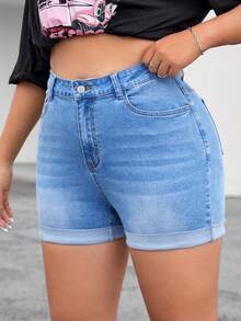 SHEIN EZwear Quần short denim oversized Nút Túi Dây kéo màu trơn - Rửa nhẹ - Xem 4