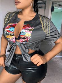 SHEIN SXY 大碼汽車和字母圖案前繫帶短款T恤 - 深灰色 - 查看 4