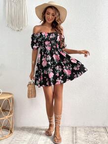 SHEIN VCAY 印花一字肩連衣裙 - 彩色 - 查看 4