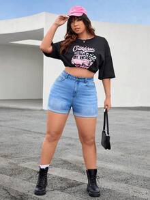 SHEIN EZwear Quần short denim oversized Nút Túi Dây kéo màu trơn - Rửa nhẹ - Xem 5