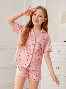 SHEIN Girls Star & Heart Print PJ Set - Pink - View 1