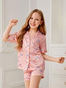 SHEIN Girls Star & Heart Print PJ Set - Pink - View 3