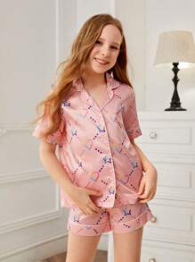 SHEIN Girls Star & Heart Print PJ Set - Pink - View 5