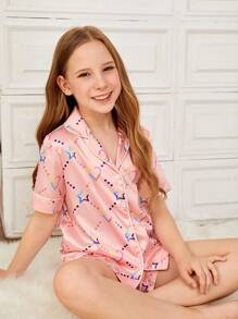 SHEIN Girls Star & Heart Print PJ Set - Pink - View 6