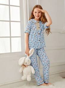 Girls Cartoon Graphic Contrast Lace PJ Set - Baby Blue - View 1