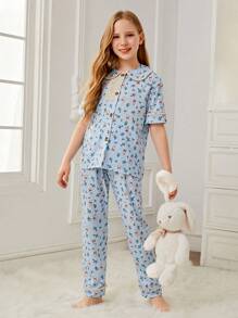 Girls Cartoon Graphic Contrast Lace PJ Set - Baby Blue - View 3
