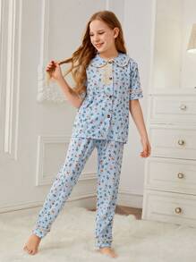 Girls Cartoon Graphic Contrast Lace PJ Set - Baby Blue - View 4