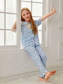 Girls Cartoon Graphic Contrast Lace PJ Set - Baby Blue - View 5