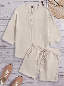 GENTILAND Loose-Fit Men's Half Button Top & Drawstring Waist Shorts - Khaki - View 1