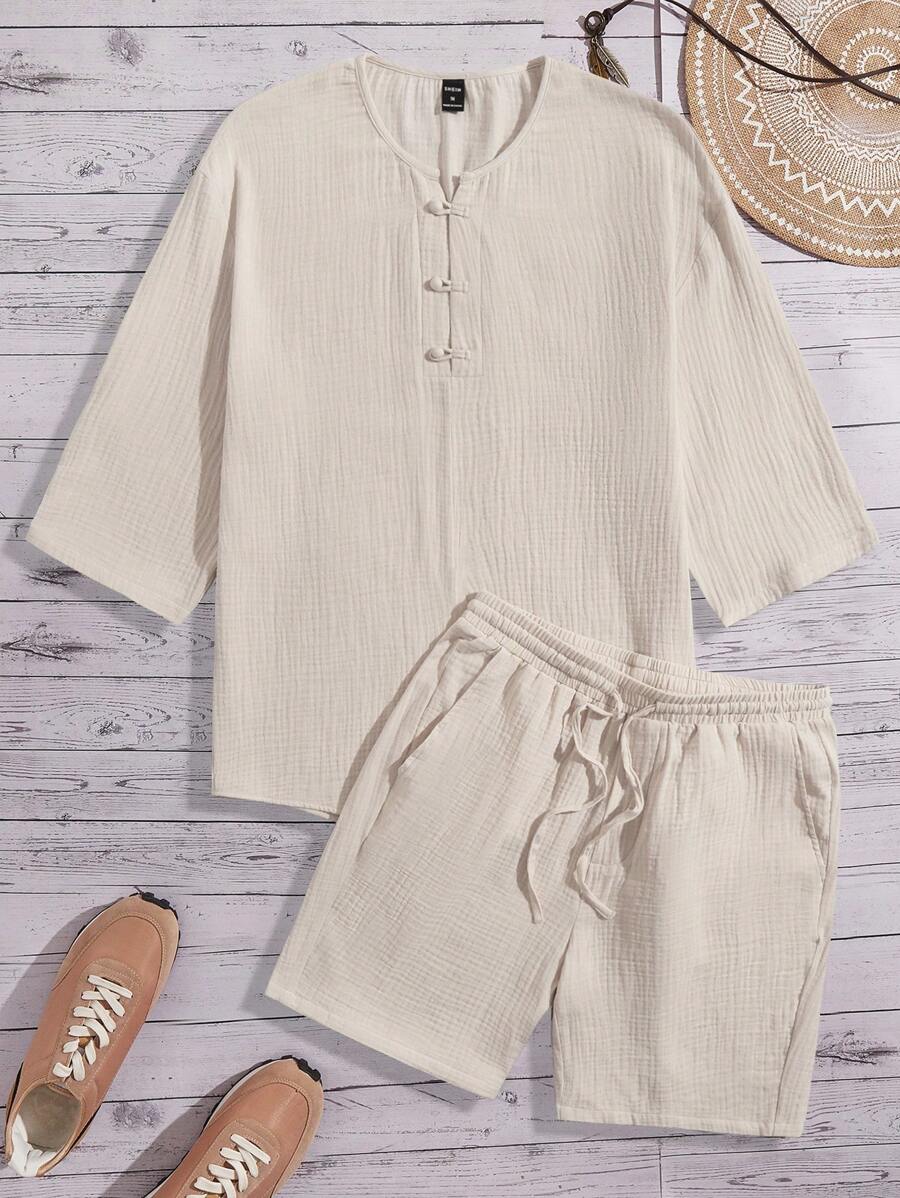 GENTILAND Loose-Fit Men's Half Button Top & Drawstring Waist Shorts - Khaki - View 1