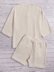 GENTILAND Loose-Fit Men's Half Button Top & Drawstring Waist Shorts - Khaki - View 2