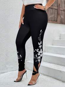 SHEIN LUNE Leggings con estampado floral con abertura bajo - Negro - Ver 1
