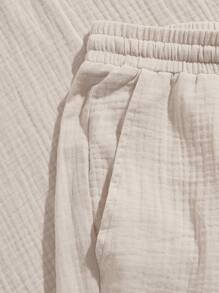 GENTILAND Loose-Fit Men's Half Button Top & Drawstring Waist Shorts - Khaki - View 3