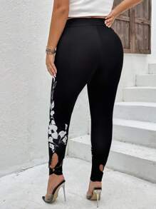 SHEIN LUNE Leggings con estampado floral con abertura bajo - Negro - Ver 2