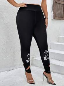 SHEIN LUNE Leggings con estampado floral con abertura bajo - Negro - Ver 4