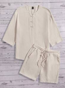 GENTILAND Loose-Fit Men's Half Button Top & Drawstring Waist Shorts - Khaki - View 5