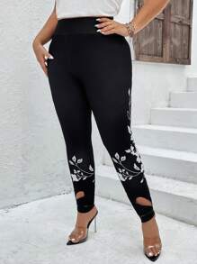 SHEIN LUNE Leggings con estampado floral con abertura bajo - Negro - Ver 6
