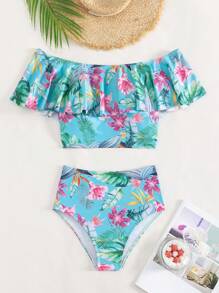 Tropisches Muster Rüschen Trim Bardot Bikini Set für den Sommerstrand
