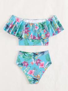 Tropisches Muster Rüschen Trim Bardot Bikini Set für den Sommerstrand