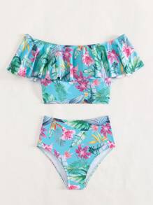 Tropisches Muster Rüschen Trim Bardot Bikini Set für den Sommerstrand