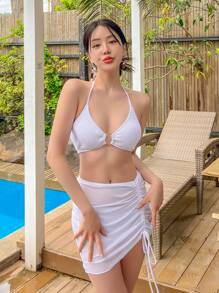 DAZY Ring Linked Halter Summer Beach Bikini Set With Beach Skirt - White - View 1
