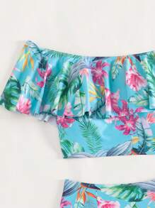Tropisches Muster Rüschen Trim Bardot Bikini Set für den Sommerstrand