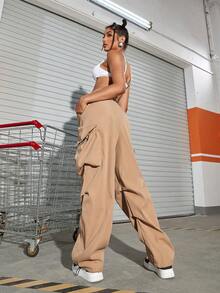 Y2K Streetwear Style Drawstring Waist Elastic Eyelet Solid Color Cargo Pants With Flap Pockets, Straight Leg Parachute Pants, Versatile For Casual, Office, School Wear In Autumn, Women - Khaki - View 2