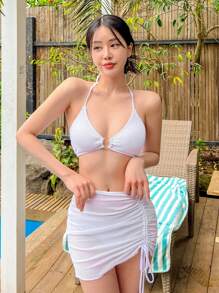 DAZY Ring Linked Halter Summer Beach Bikini Set With Beach Skirt - White - View 4